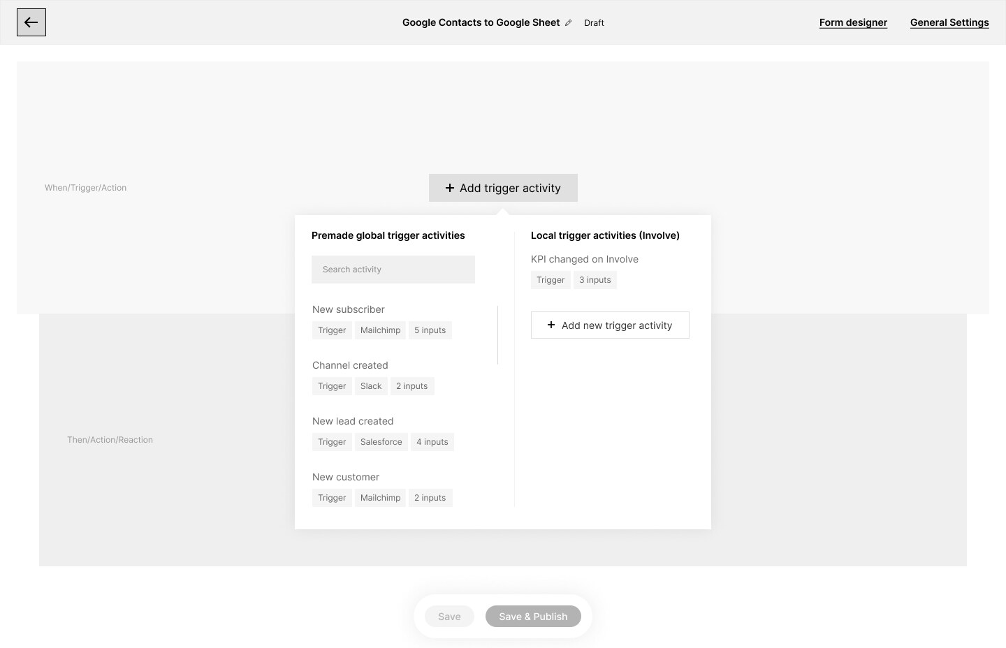 Earlier full-screen Integry exploration with separate global and local trigger activity columns